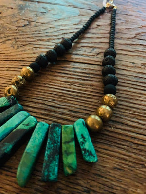 Green Turquoise on Black and Brass